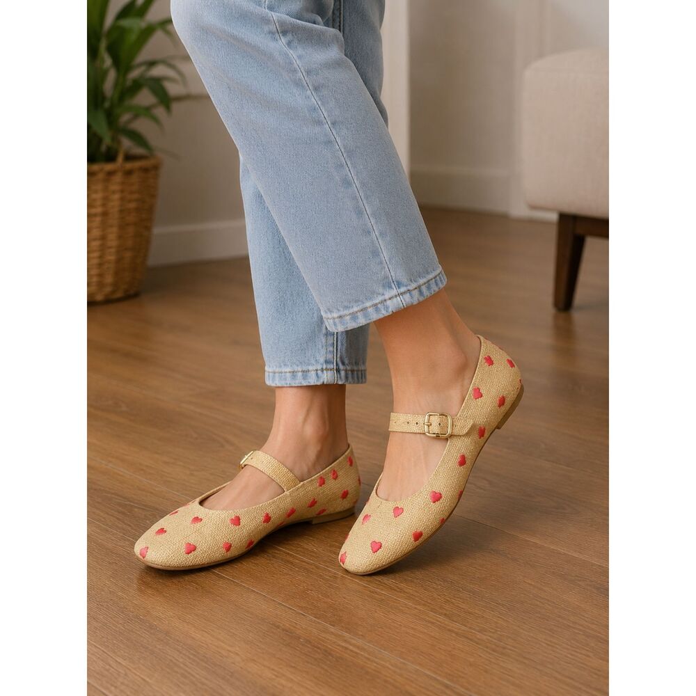 Free Assembly Heart Print Mary Jane Ballet Flats Straw Beige Red Size 10